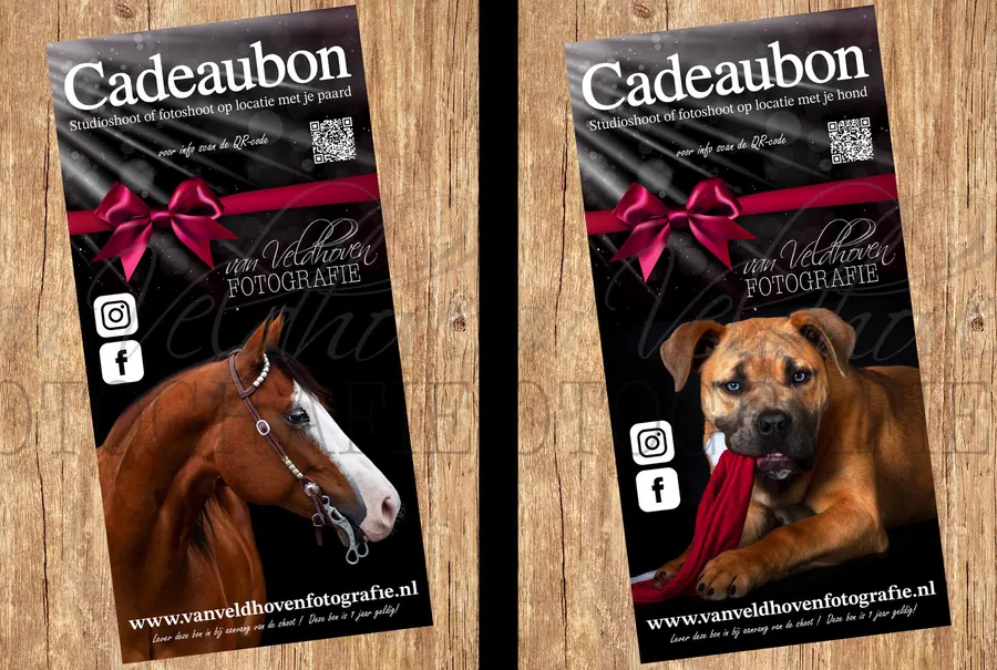 Twee cadeaubonnen van van Veldhoven Fotografie, met een paard en een hond