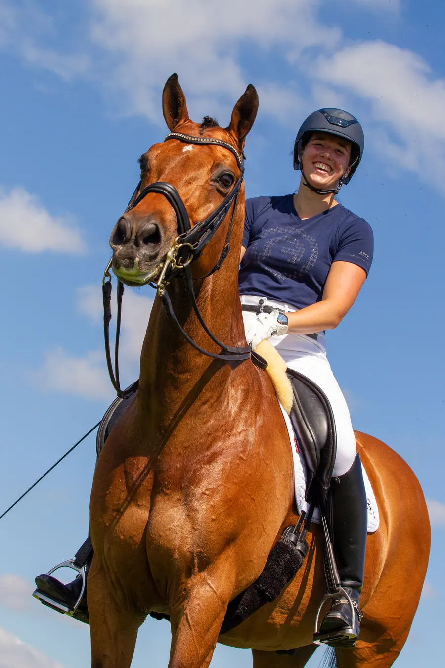 Lachende ruiter op een paard onder een blauwe lucht